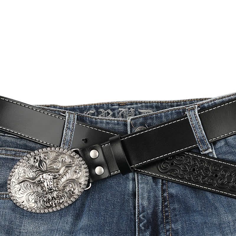 Ceinture en cuir pour homme avec plumes gravées et motif taureau