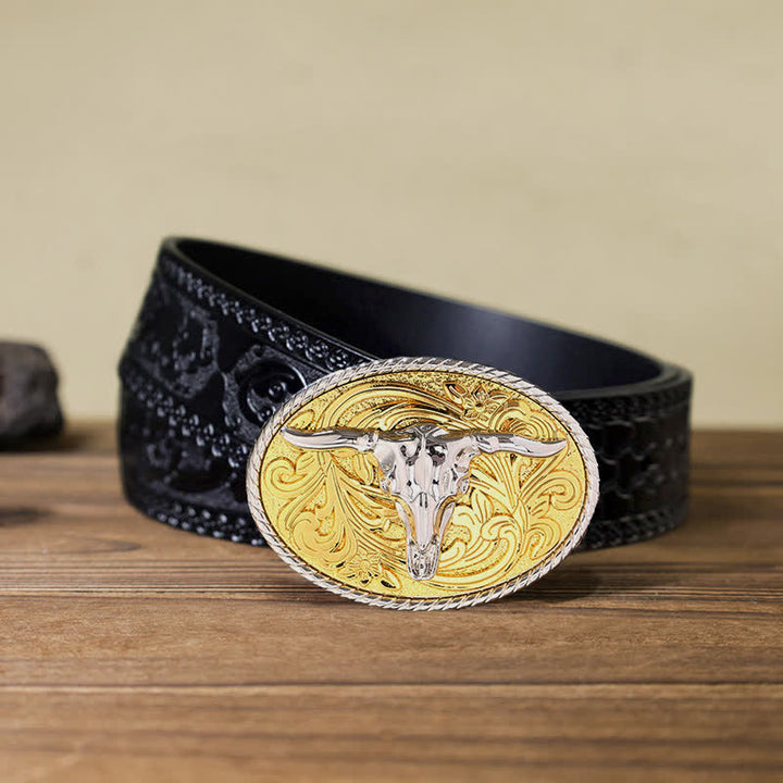 Ceinture en cuir à boucle tête de taureau dorée brillante pour homme