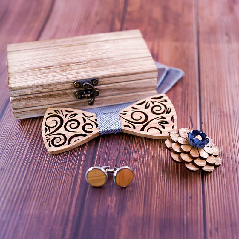 Lot de 4 nœuds papillon en bois à motif de feuilles creuses pour homme