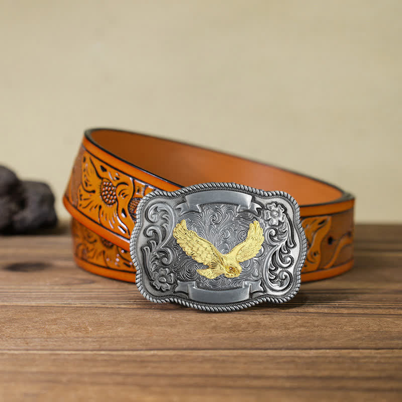 Ceinture en cuir à boucle animalière sculptée en or pour homme - Aigle - Ceinture sculptée orange (40) - image 18