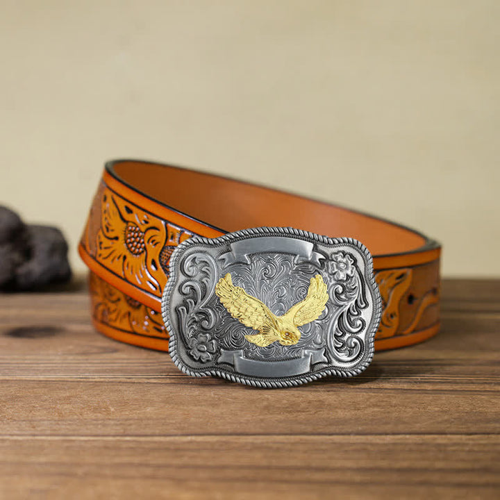 Ceinture en cuir à boucle animalière sculptée en or pour homme - Aigle - Ceinture sculptée orange (40) - image 18