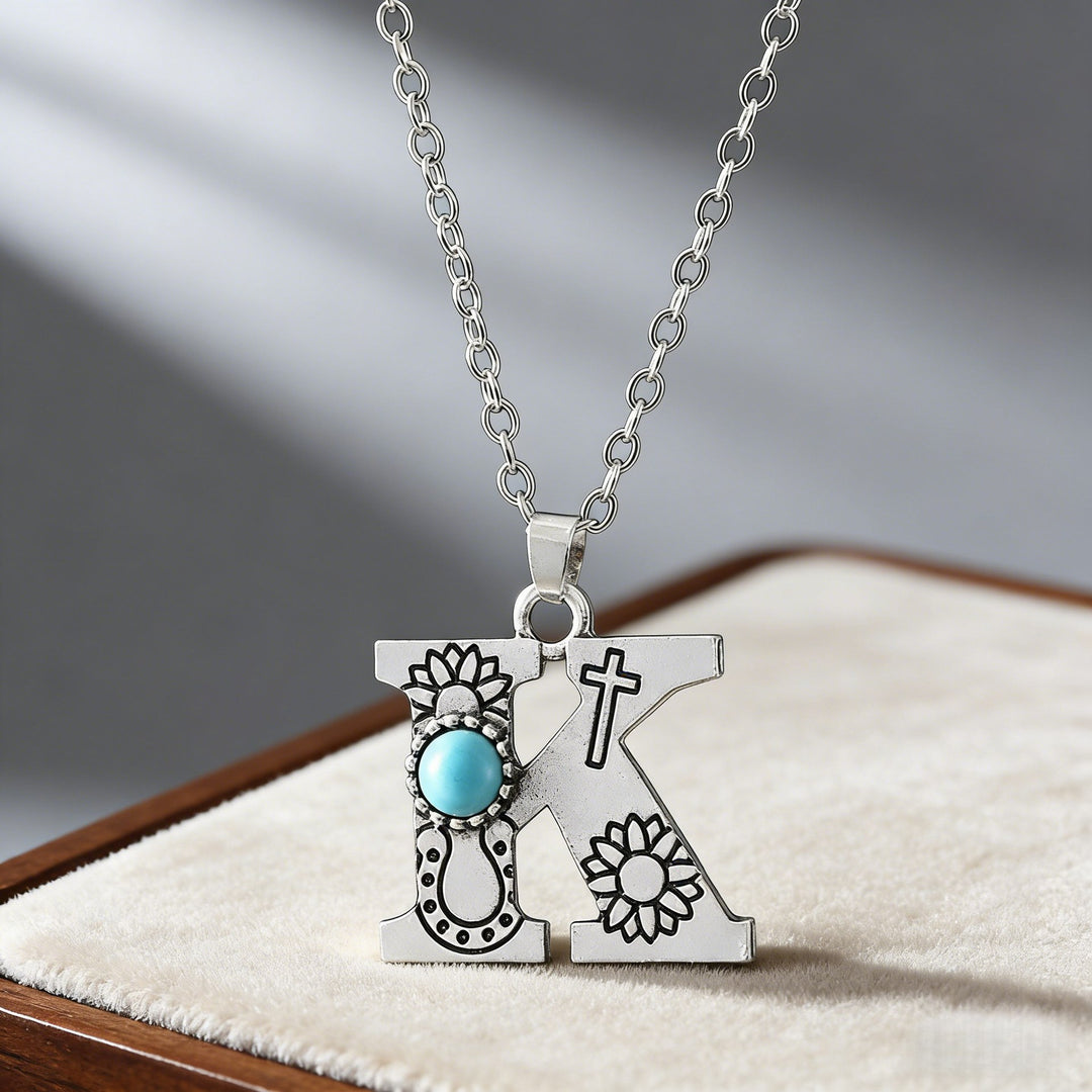 Collier vintage avec pendentif turquoise et initiale - K - image 17