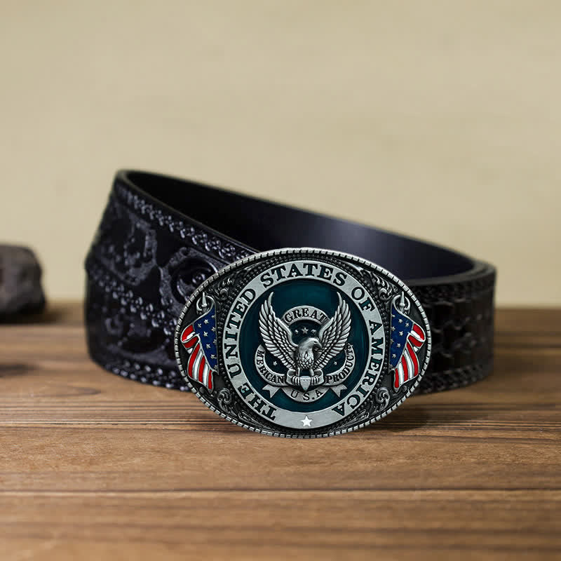 Ceinture en cuir à boucle patriotique pour homme avec drapeau aigle