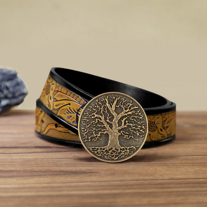 Ceinture en cuir à boucle ronde pour homme avec motif arbre de vie