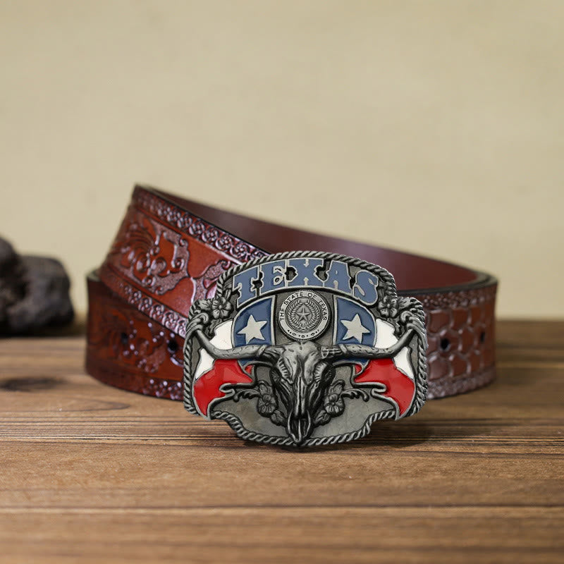 Ceinture en cuir à boucle pour homme avec drapeau du Texas Longhorn Bull
