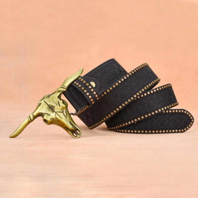 Ceinture en cuir gaufré à rivets tête de bétail western pour homme