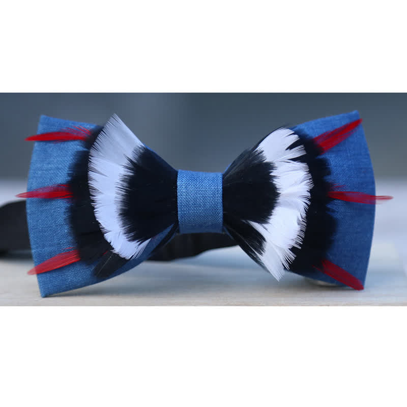 Nœud papillon en plumes de lin bleu de luxe noir et blanc