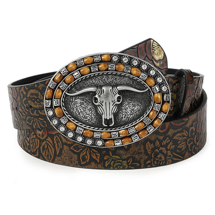 Ceinture en cuir pour homme avec perles en bois sculptées et tête de taureau