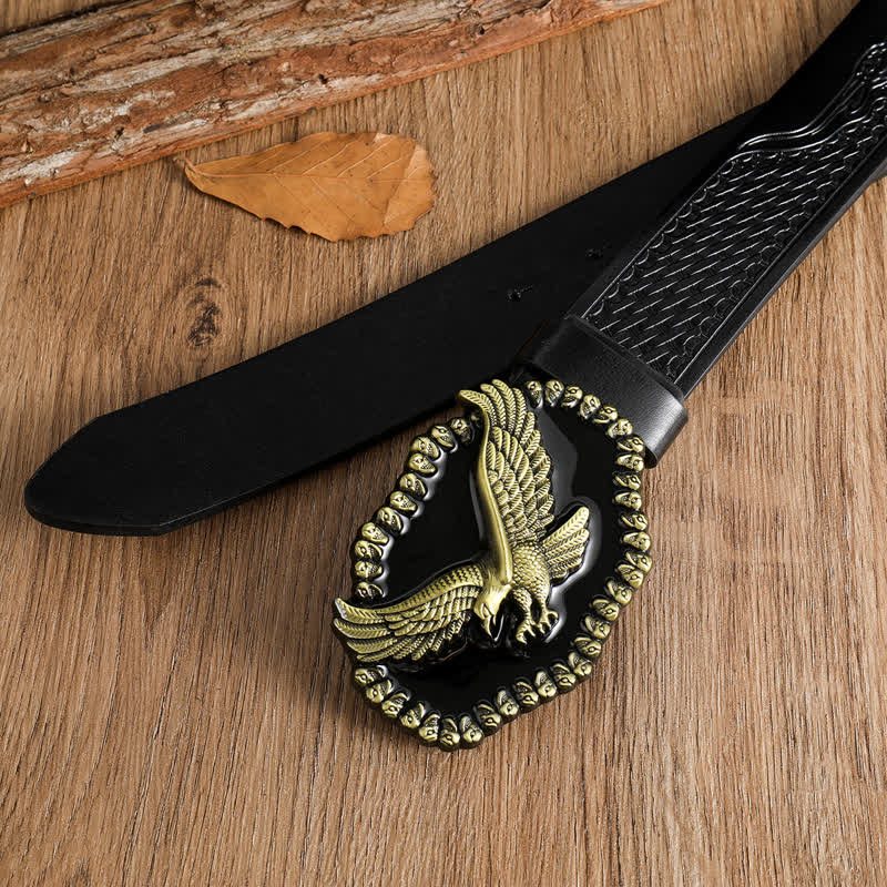 Ceinture en cuir pour homme avec motif d'aigle en or antique et faucon planant