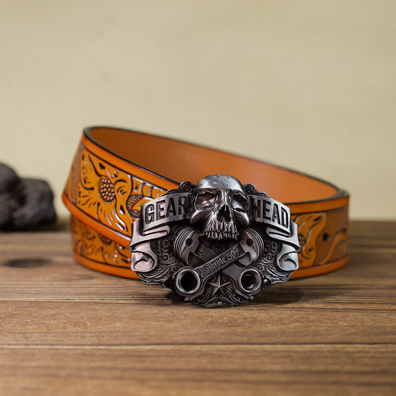 Ceinture en cuir à boucle tête de mort pour homme avec tête de piston et tête de mort