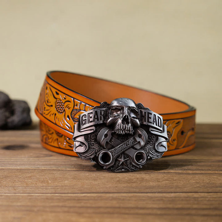 Ceinture en cuir à boucle tête de mort pour homme avec tête de piston et tête de mort