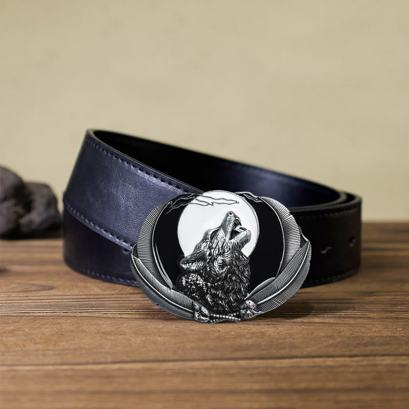 Ceinture en cuir à boucle ovale pour homme avec motif loup hurlant et lune