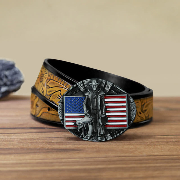 Ceinture en cuir à boucle de cowboy avec drapeau américain pour homme