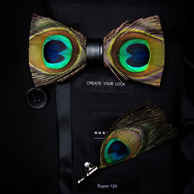 Nœud papillon en plumes de paon vert pour enfant avec épingle à revers