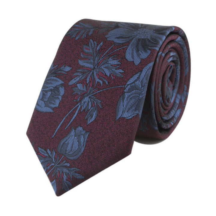 Cravate fantaisie pour homme avec fleur et tige - Bleu acier et bordeaux - image 6