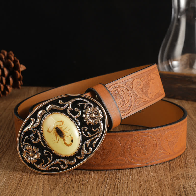 Ceinture en cuir à boucle pour homme avec motif animal, scorpion et fleur