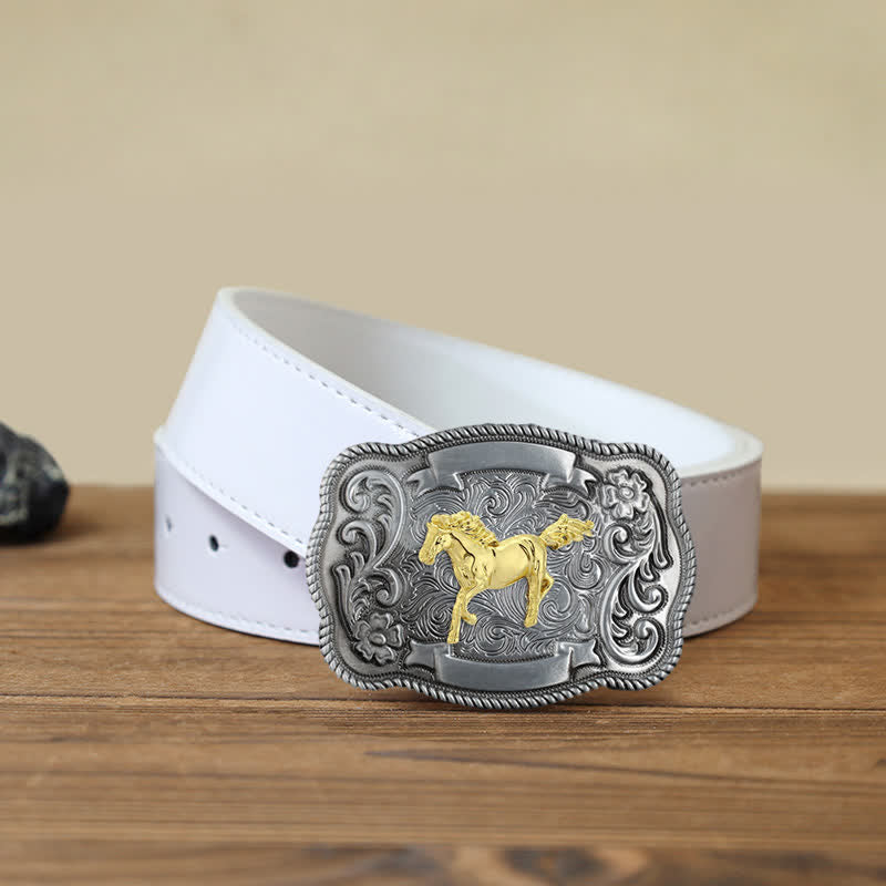 Ceinture en cuir à boucle animalière sculptée en or pour homme - Cheval - Ceinture blanche en PU (40) - image 4