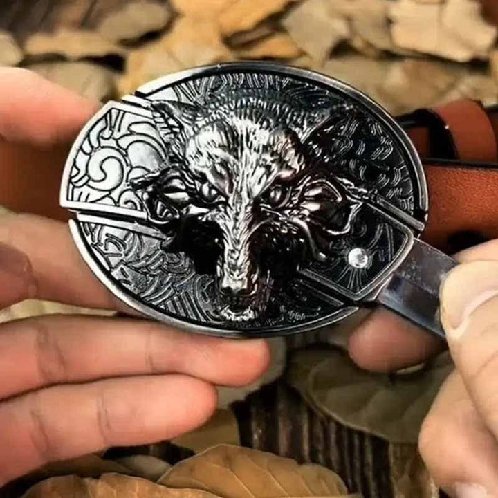 Ceinture en cuir pour homme avec couteau pliant Motif loup féroce