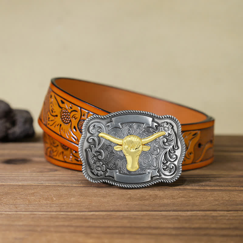 Ceinture en cuir à boucle animalière sculptée en or pour homme - Taureau - Ceinture sculptée orange (40) - image 45