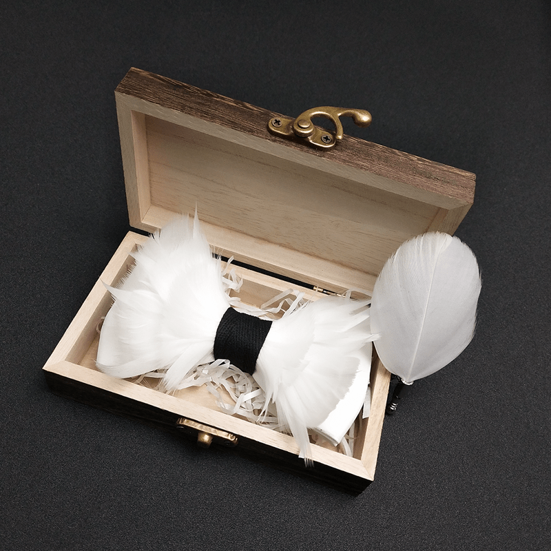 Nœud papillon élégant en plumes blanches et noires avec épingle à revers - image 1