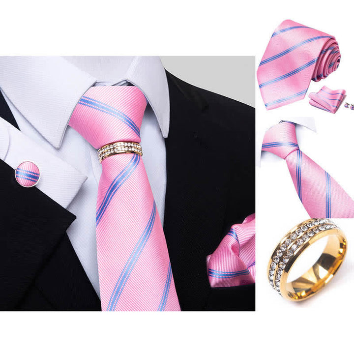 Ensemble de 4 cravates à rayures pour hommes avec anneau de cravate