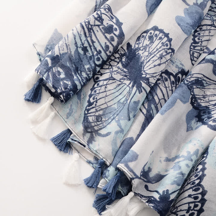 Écharpe fine à pompon et motif papillons floraux pour femme