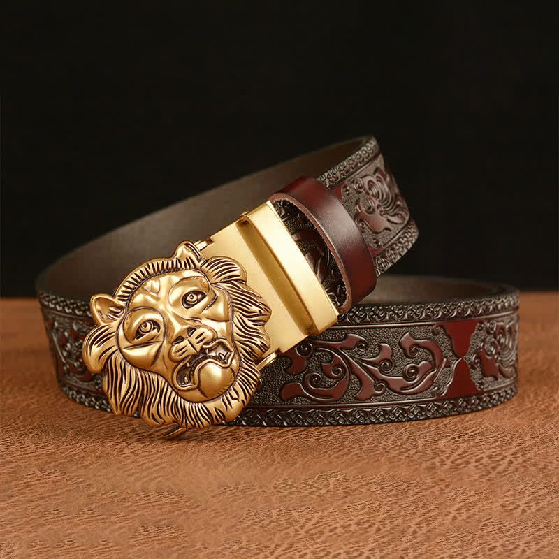 Ceinture en cuir pour homme avec tête de lion sculptée en 3D