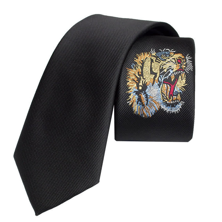 Cravate noire brodée à motif tigre pour homme