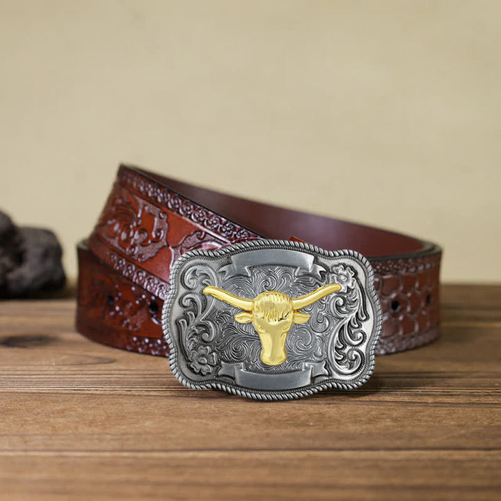 Ceinture en cuir à boucle animalière sculptée en or pour homme - Taureau - Ceinture marron sculptée (40) - image 43