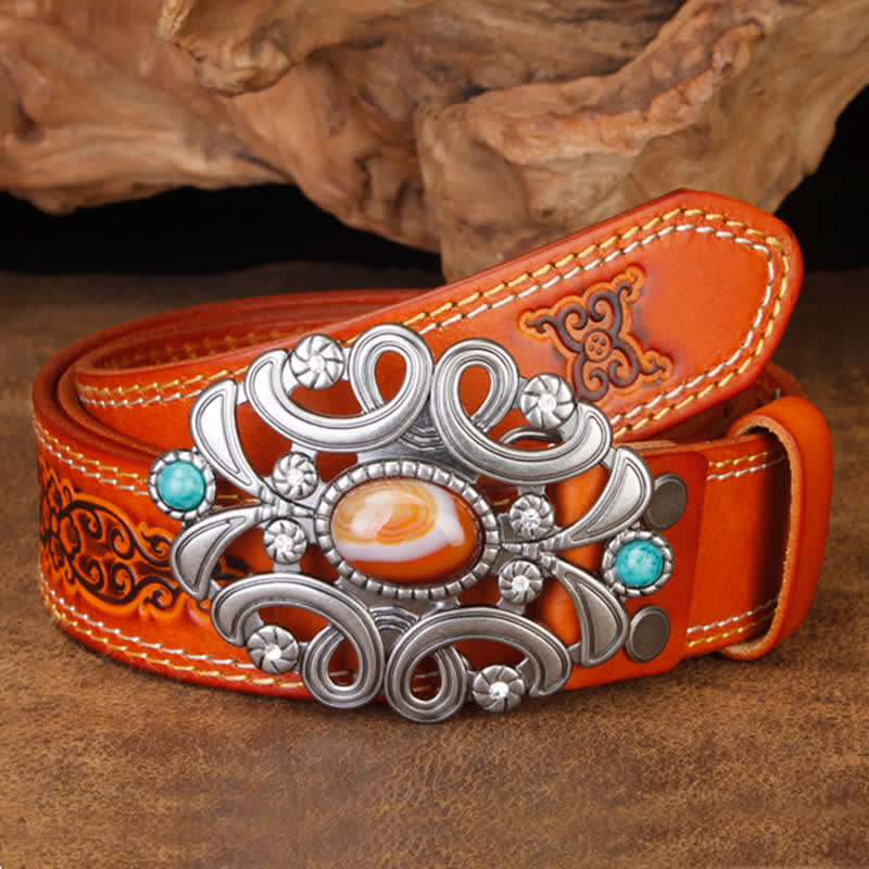 Ceinture unisexe en cuir avec pierre d'agate et fleur creuse turquoise