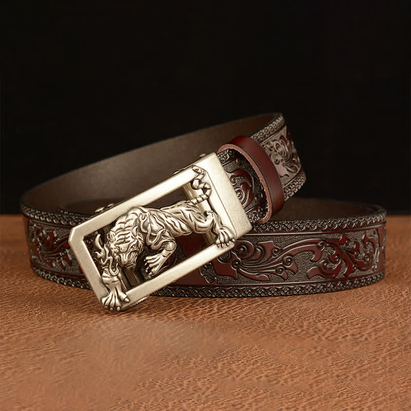 Ceinture en cuir à motif floral en relief avec boucle tigrée pour homme
