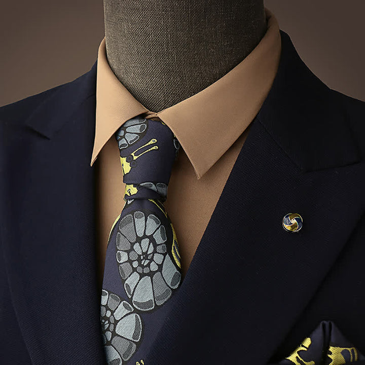 Cravate florale bleu marine et jaune pour homme avec motif escargot