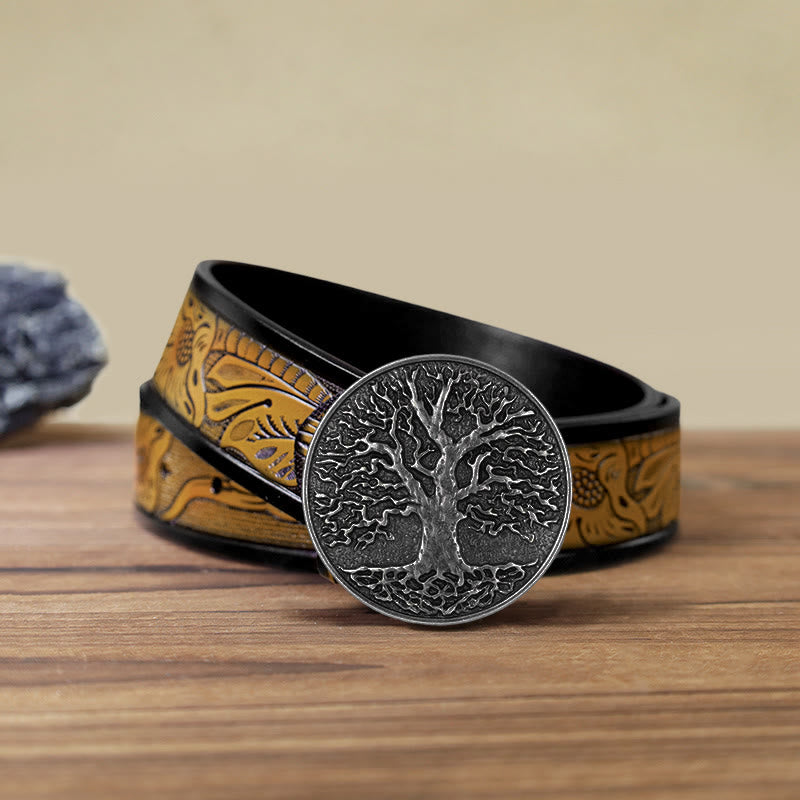 Ceinture en cuir à boucle ronde pour homme avec motif arbre de vie