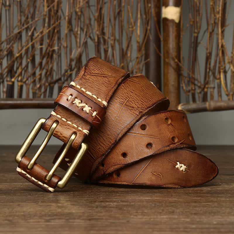 Ceinture en cuir à double boucle pour homme, effet vieilli