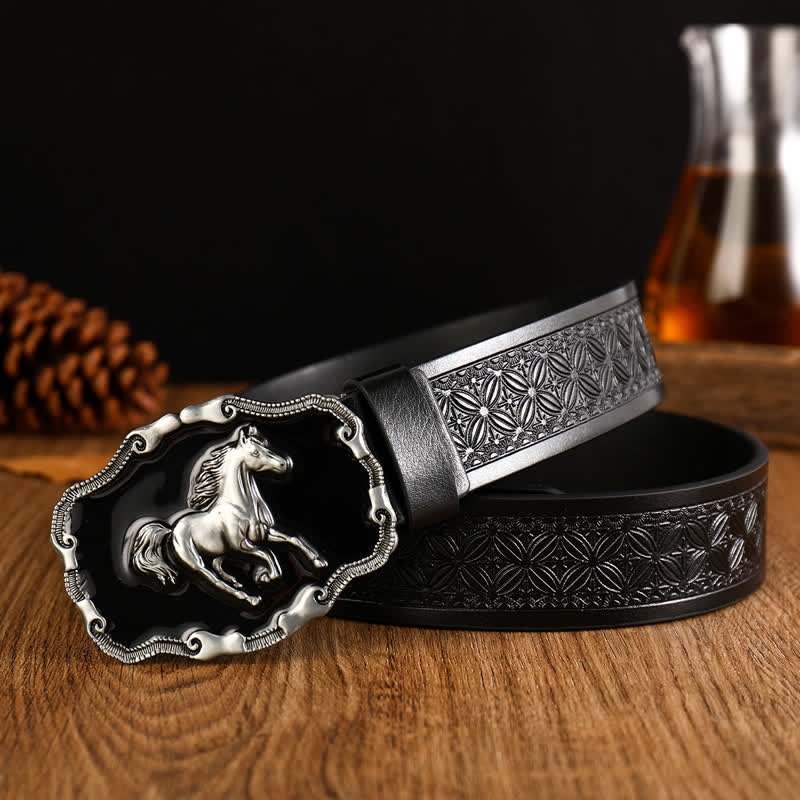Ceinture en cuir noir argenté pour homme avec cheval au galop