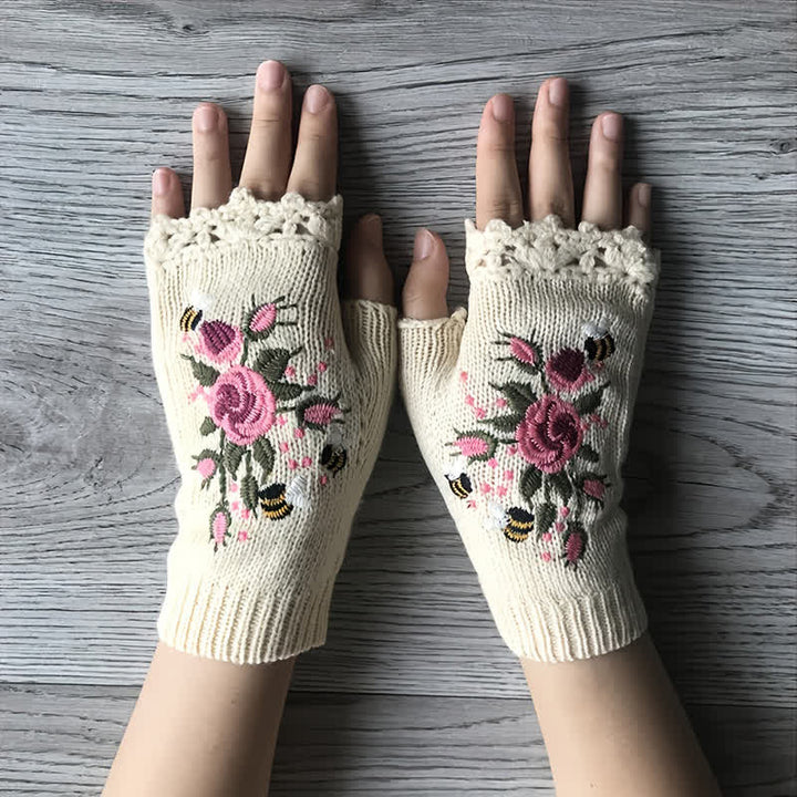 Gants tricotés demi-doigts brodés de fleurs pour femmes