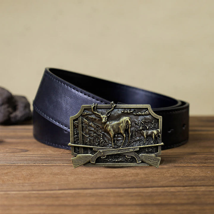 Ceinture en cuir à boucle pour homme avec fusil de chasse et cerf