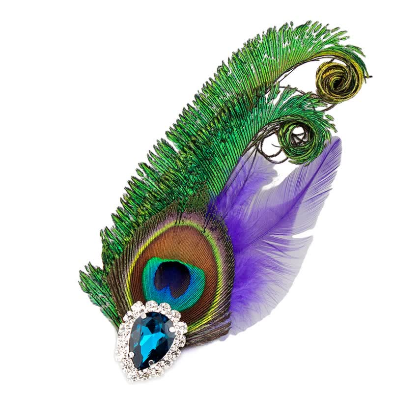 Broche en strass avec plumes d'oeil de paon