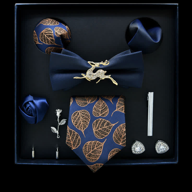Lot de 8 nœuds papillon décontractés à motif floral bleu marine et marron, coffret cadeau - Marine et marron - image 0