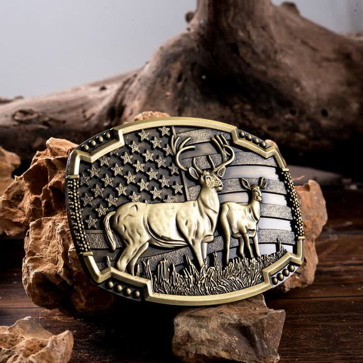 Ceinture en cuir à boucle drapeau américain pour homme avec motif de chasseur de cerfs