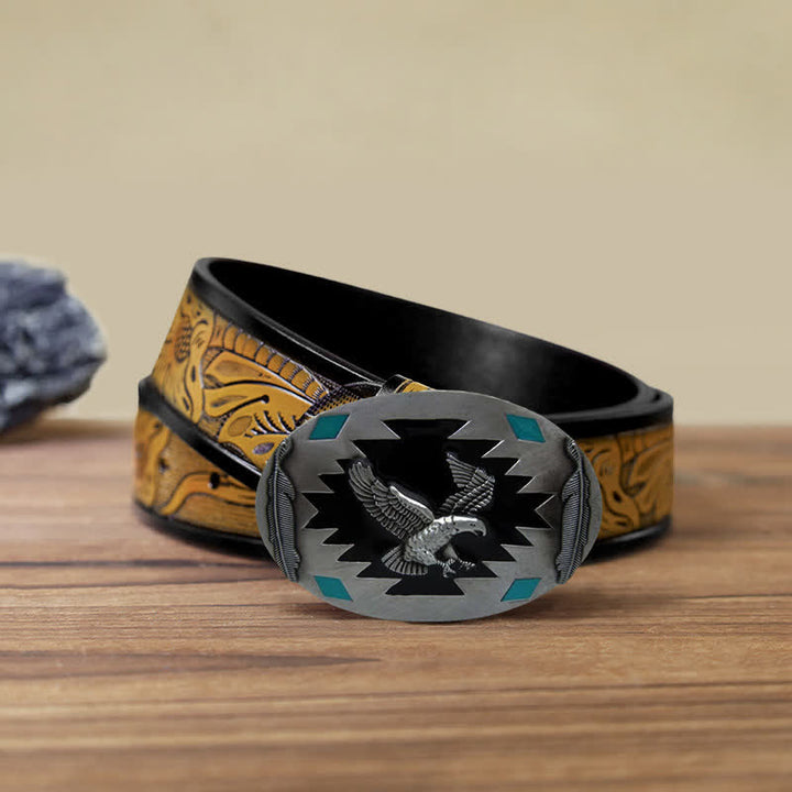 Ceinture en cuir à boucle pour homme avec motif aigle volant occidental