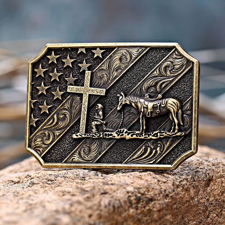 Ceinture en cuir à boucle de cheval avec croix de prière et drapeau américain pour homme