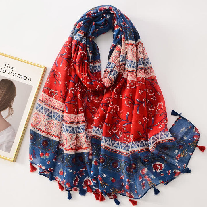 Écharpe fine à pompon et motif papillons floraux pour femme