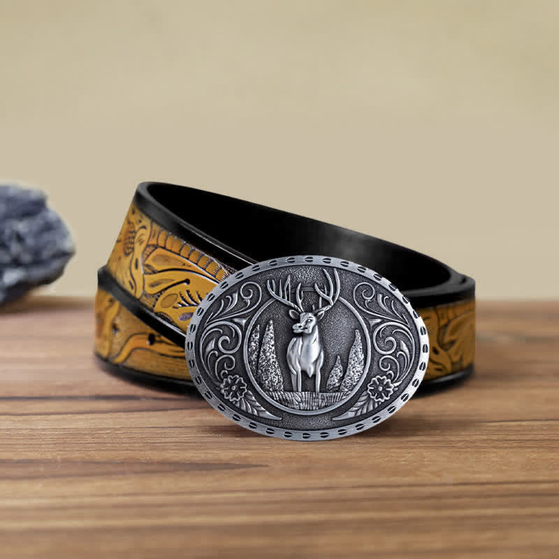 Ceinture en cuir à boucle ovale pour homme avec motif cerf forestier