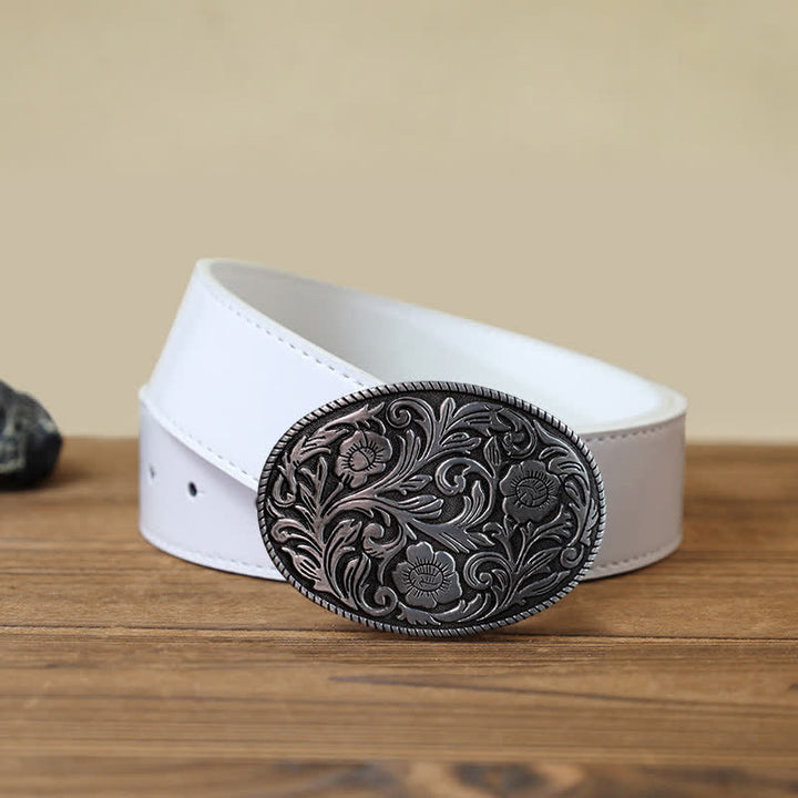 Ceinture en cuir à boucle ovale classique à motif floral pour homme