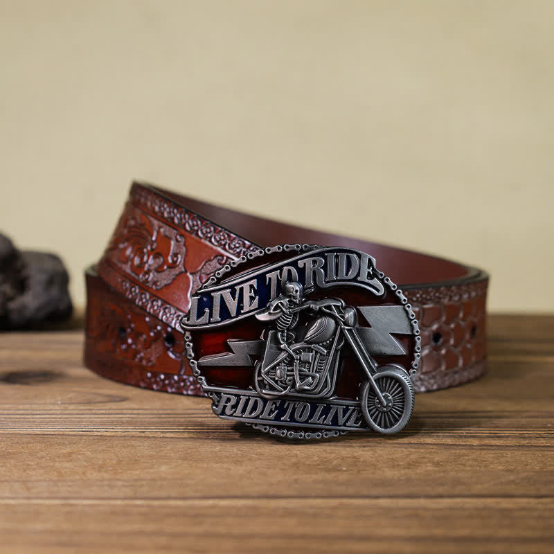 Ceinture en cuir à boucle pour homme avec tête de mort et motard Live to Ride