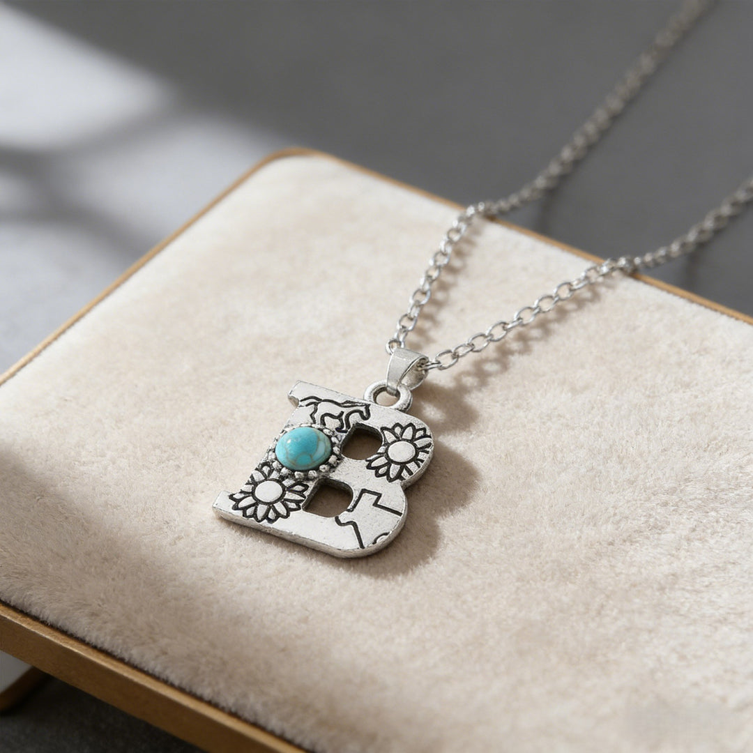 Collier vintage avec pendentif turquoise et initiale - B - image 7