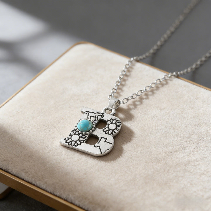 Collier vintage avec pendentif turquoise et initiale - B - image 7