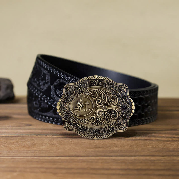 Ceinture en cuir à boucle gravée pour homme avec motif floral et prière sincère