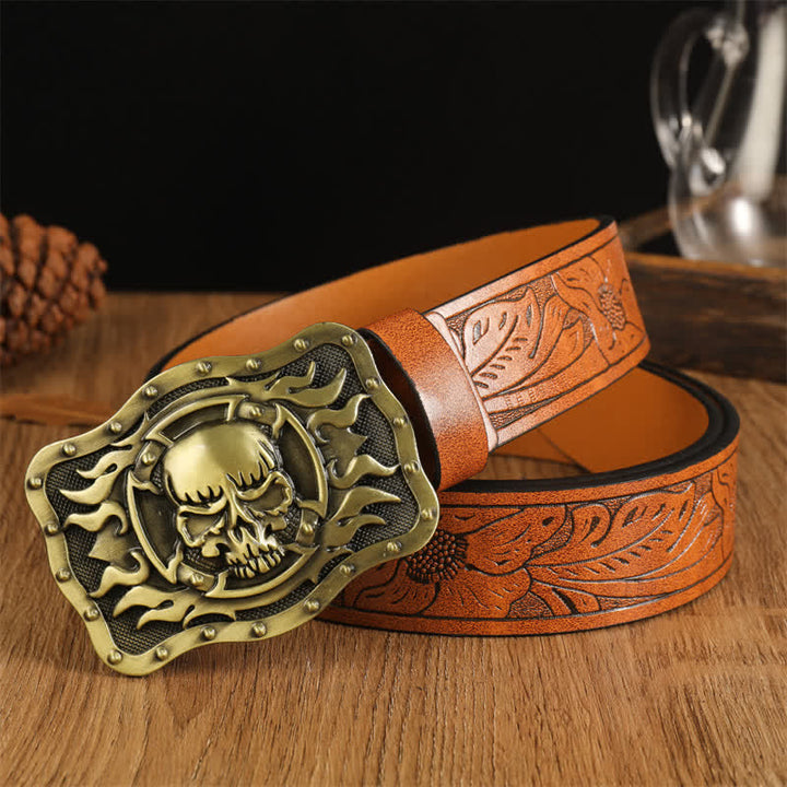 Ceinture en cuir tendance pour homme avec tête de mort et flamme